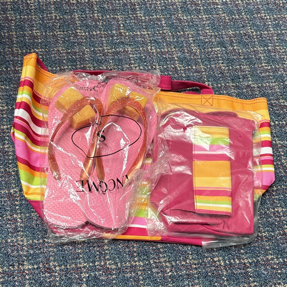 Lancome Pink and Yellow Striped Tote Bag Set with smaller bag and flip flops